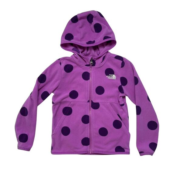 THE NORTH FACE Purple Pink Polka Dot Fleece Full Zip Hoodie Size 5T Kids Pockets - Picture 1 of 7